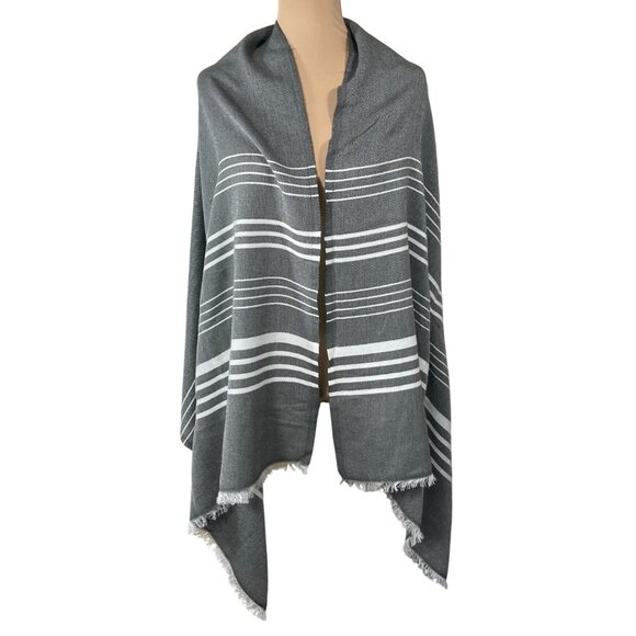 J.Crew Scarf Poncho Grey Cream Blanket Stripe One Size Fringe Wrap - Picture 1 of 7